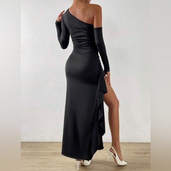 Black Asymmetrical Neck Dress with Leg Slit - Picture 3 of 8